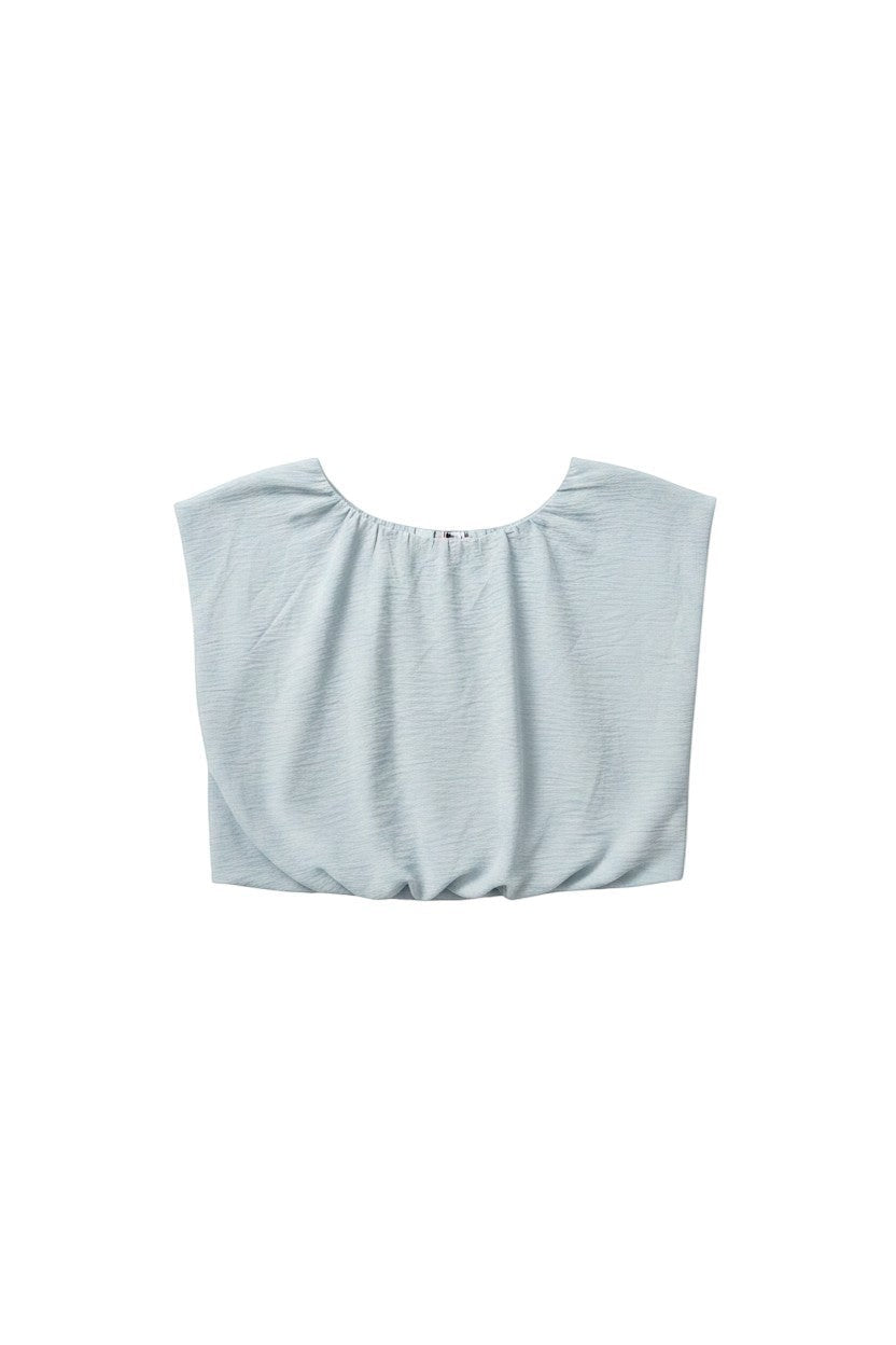 Yanet Collection Shop light blue short sleeve blouse with a relaxed fit and gathered neckline in lightweight fabric.