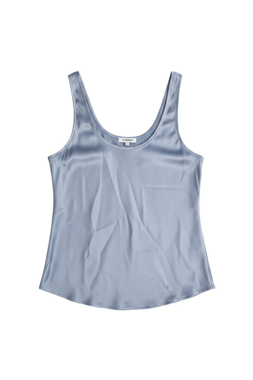 Yanet Collection Shop light blue sleeveless tank top in soft satin-finish fabric with a relaxed flowy hem