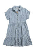 Yanet Collection Shop light blue striped button-down dress with short sleeves, chest pocket, and a ruffled hem.
