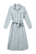 Yanet Collection Shop light blue striped button-down shirt dress with long sleeves and a matching waist tie belt.