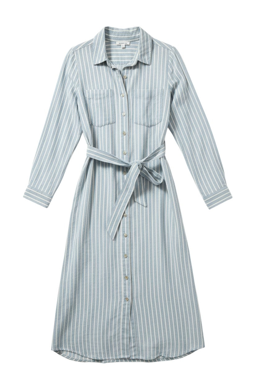 Yanet Collection Shop light blue striped button-down shirt dress with long sleeves and a matching waist tie belt.