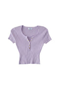 Yanet Collection Shop lilac ribbed short sleeve top with a v-neckline and gold button detail in a fitted silhouette.