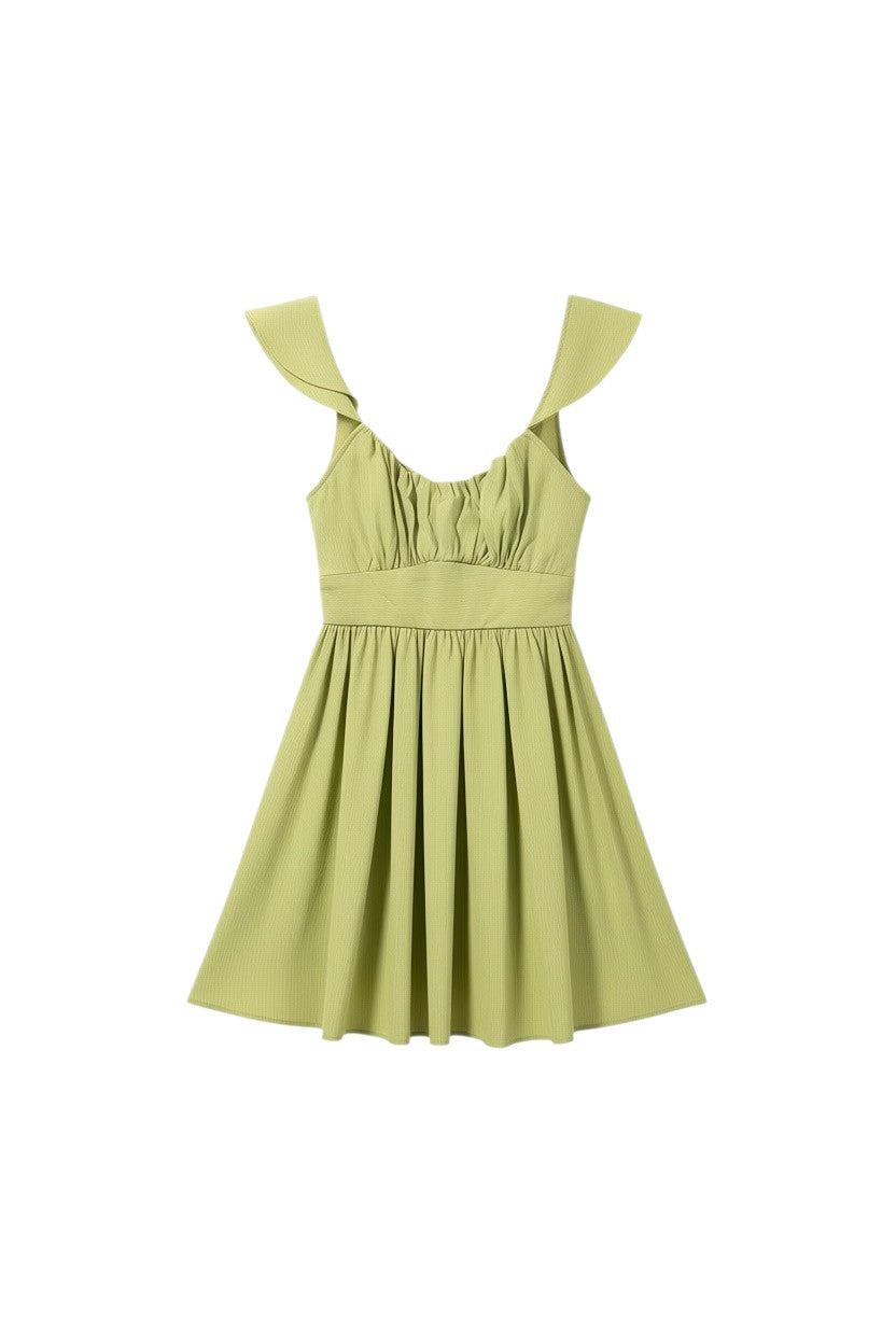 Yanet Collection Shop lime green mini dress with flutter sleeves, ruffled neckline, and a fitted waist in textured fabric.