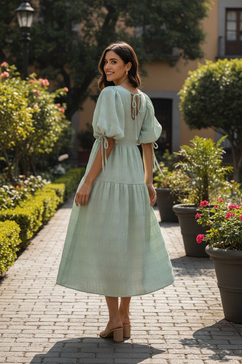 Yanet Collection Shop mint green textured maxi dress with puff sleeves and tie shoulder details worn in a garden