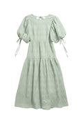 Yanet Collection Shop mint green maxi dress with puff sleeves, tie shoulder details, and a tiered textured skirt.