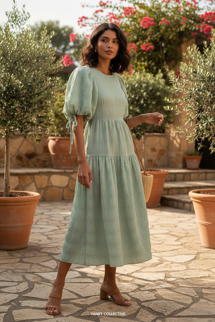 Yanet Collection Shop mint green textured maxi dress with puff sleeves and tie shoulder details in a garden setting