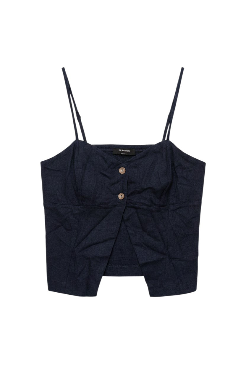 Yanet Collection Shop navy cropped tank top with a button-up front, adjustable straps, and textured fabric.
