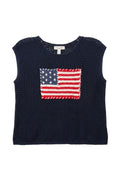 Yanet Collection Shop navy sleeveless knit top featuring a textured weave and a prominent American flag graphic design.