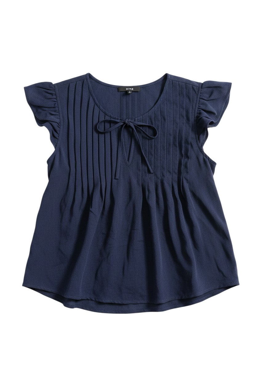 Yanet Collection Shop navy pleated top with flutter sleeves and a tie neckline detail in a relaxed fit.