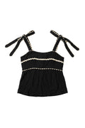 Yanet Collection Shop navy sleeveless top with square neck, ruffle trim, and adjustable tie straps in textured fabric.