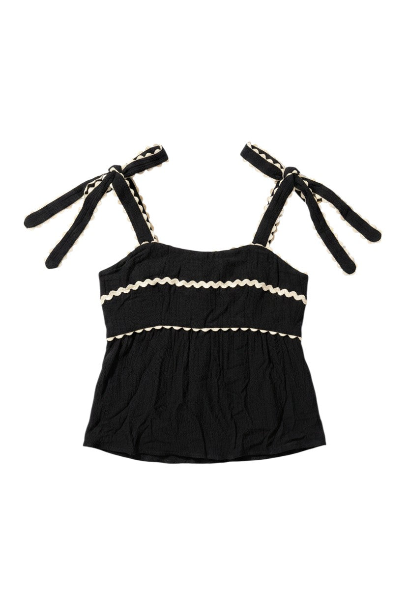 Yanet Collection Shop navy sleeveless top with square neck, ruffle trim, and adjustable tie straps in textured fabric.