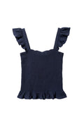 Yanet Collection Shop navy sleeveless top with flutter sleeves, ruffled hem, and textured fitted fabric.