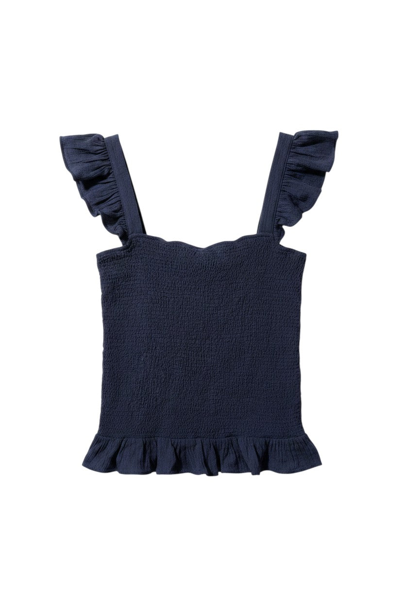 Yanet Collection Shop navy sleeveless top with flutter sleeves, ruffled hem, and textured fitted fabric.