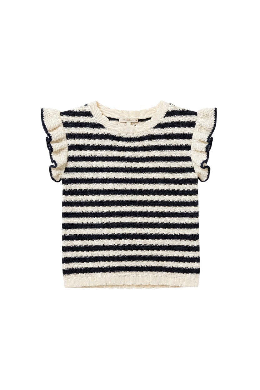 Yanet Collection Shop navy and white striped short sleeve sweater with textured knit and playful ruffle sleeves