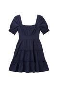 Yanet Collection Shop navy mini dress with puff sleeves, square neckline, and tiered ruffle hem in soft fabric.