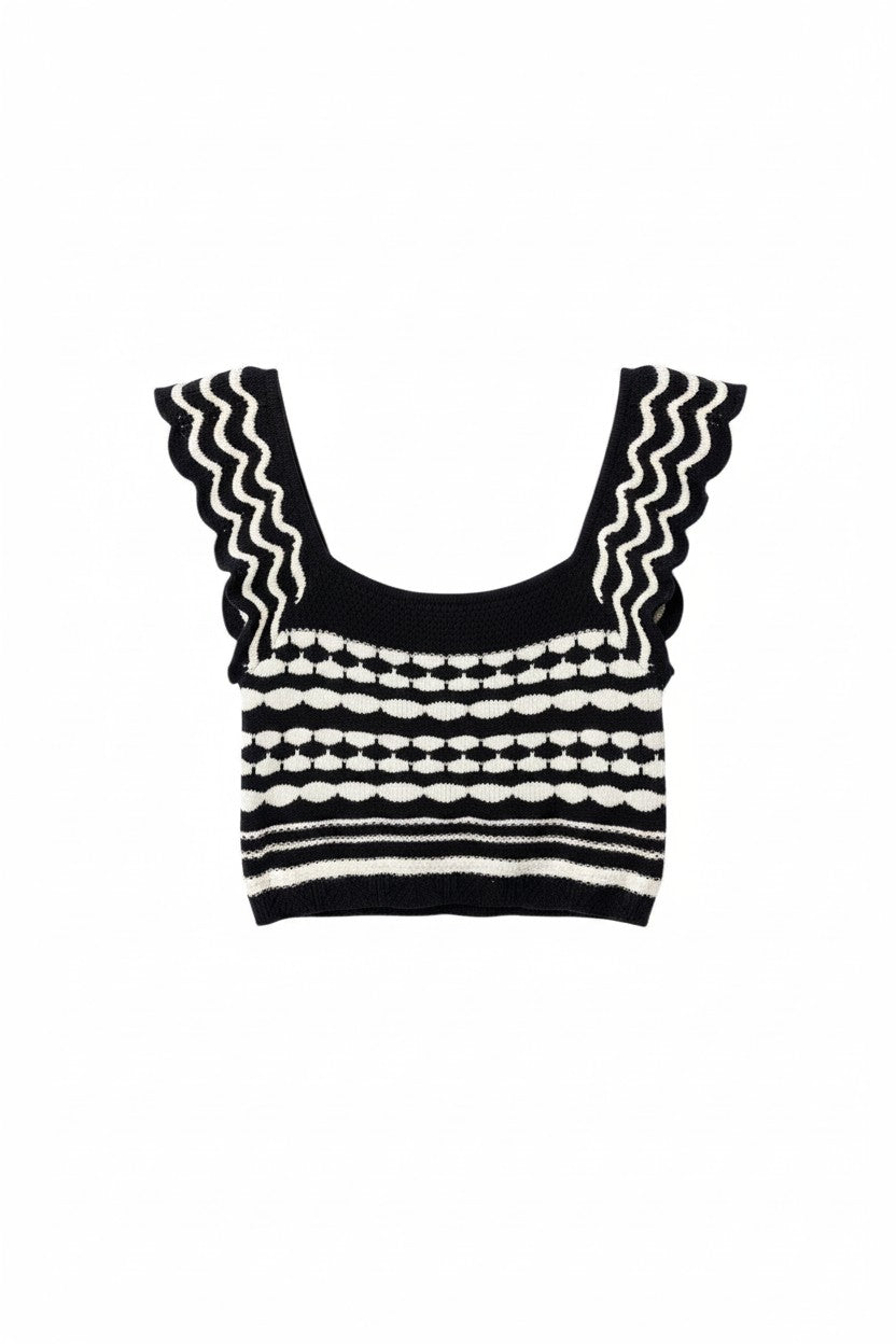 Yanet Collection Shop navy and white sleeveless crop top with a textured knit pattern and scalloped shoulder straps.