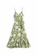 Yanet Collection Shop olive green floral maxi dress with spaghetti straps, wrap waist, and a ruffled hem.