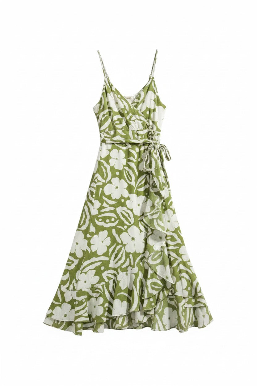 Yanet Collection Shop olive green floral maxi dress with spaghetti straps, wrap waist, and a ruffled hem.