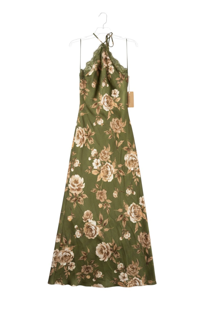 Yanet Collection Shop olive green floral print maxi dress with a lace-trimmed halter neckline.