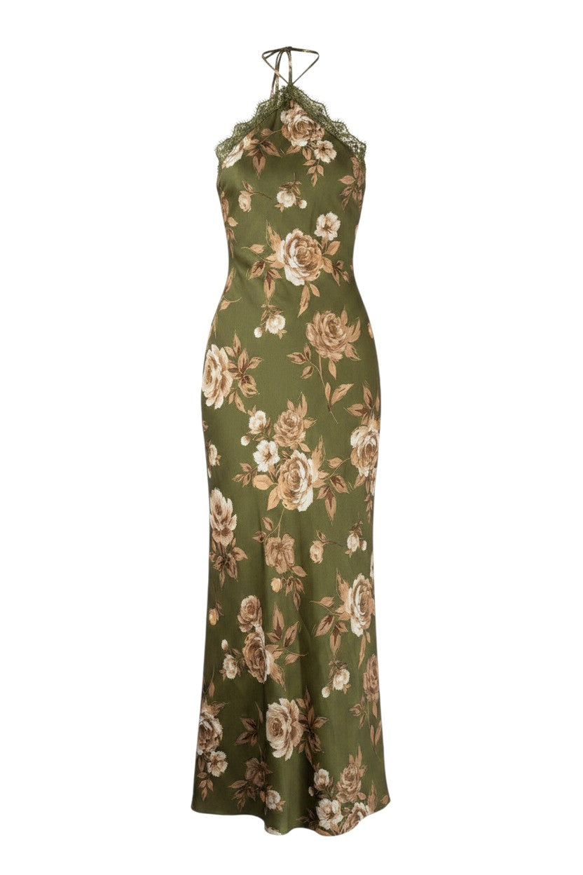 Yanet Collection Shop olive green floral print satin maxi dress with lace trim and halter neckline