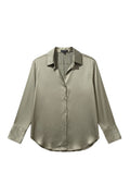 Yanet Collection Shop olive green button-up blouse with long sleeves, classic collar, and smooth satin-like finish.