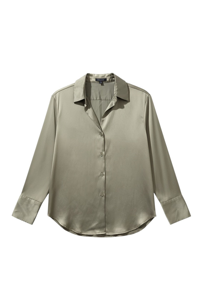 Yanet Collection Shop olive green button-up blouse with long sleeves, classic collar, and smooth satin-like finish.
