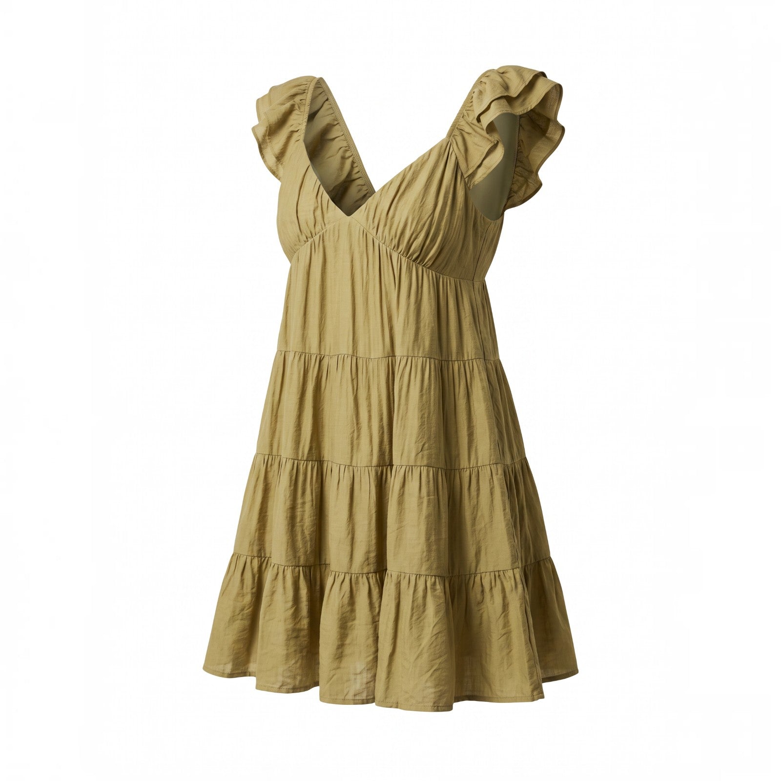 Yanet Collection Shop olive green ruffled tiered mini dress with V-neck and flutter sleeves