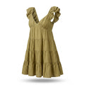 Yanet Collection Shop olive green mini dress with V-neck, flutter sleeves, and a tiered ruffled skirt.