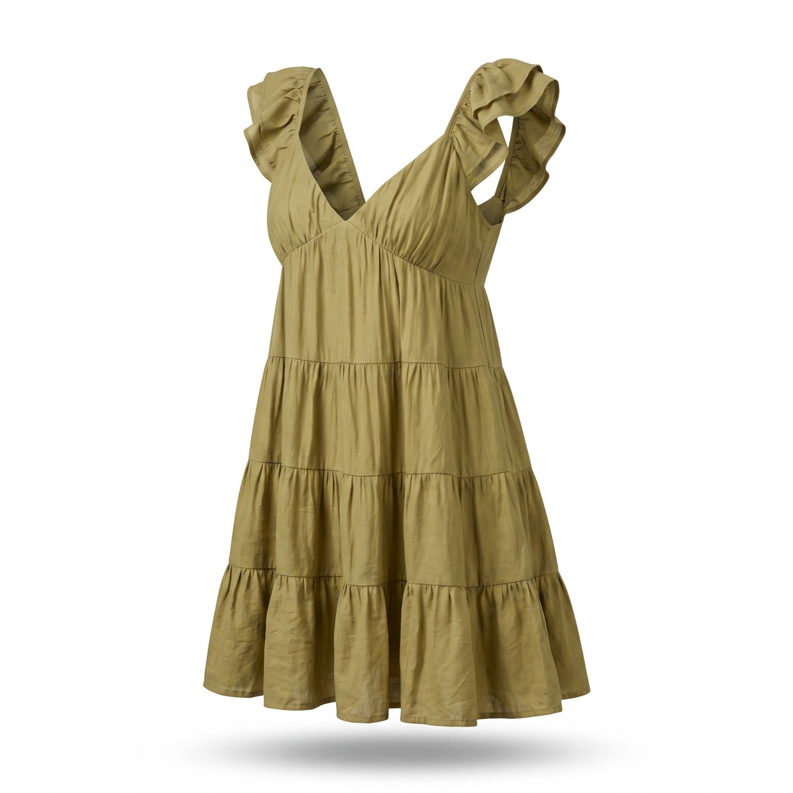 Yanet Collection Shop olive green mini dress with V-neck, flutter sleeves, and a tiered ruffled skirt.