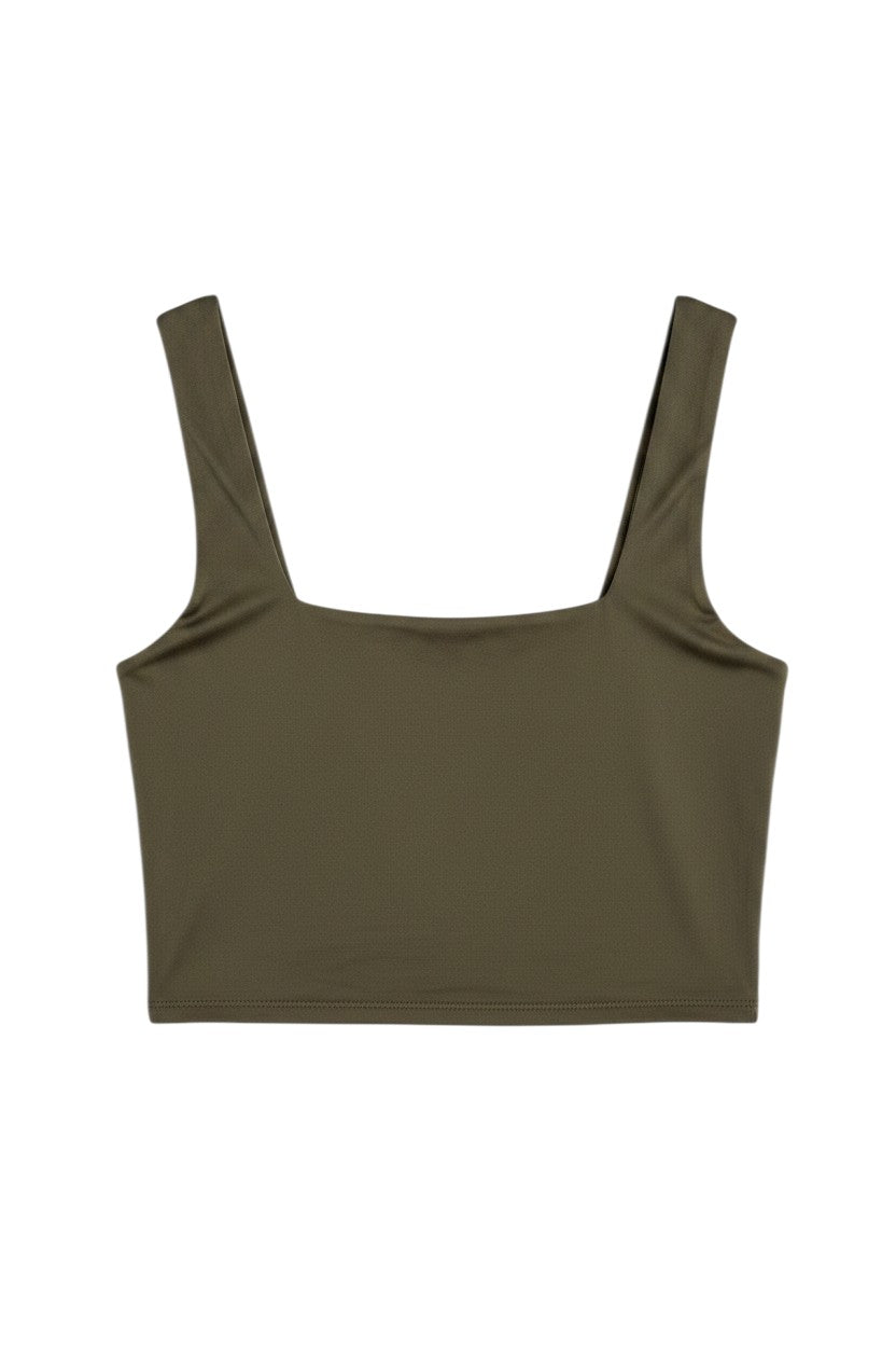 Yanet Collection Shop olive sleeveless crop top with a square neckline in a smooth, fitted stretch fabric.
