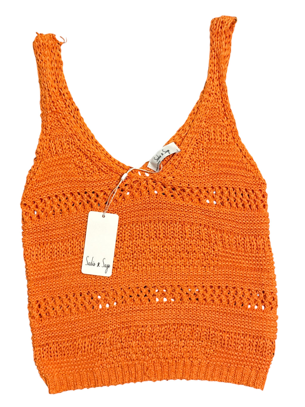 Yanet Collection Shop orange sleeveless crochet knit tank top with a textured open-stitch design