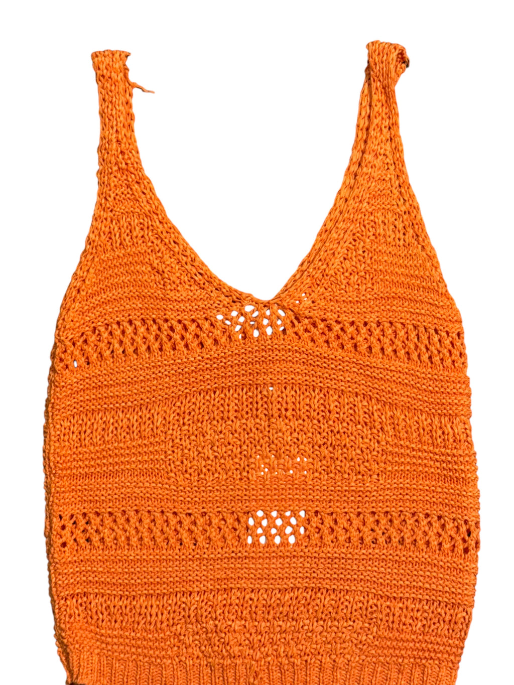Yanet Collection Shop bright orange sleeveless crochet knit tank top with a deep V-neck and textured pattern