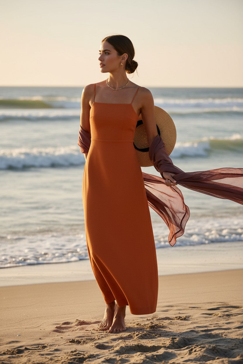Yanet Collection Shop orange sleeveless maxi dress with spaghetti straps worn by a woman on a beach at sunset
