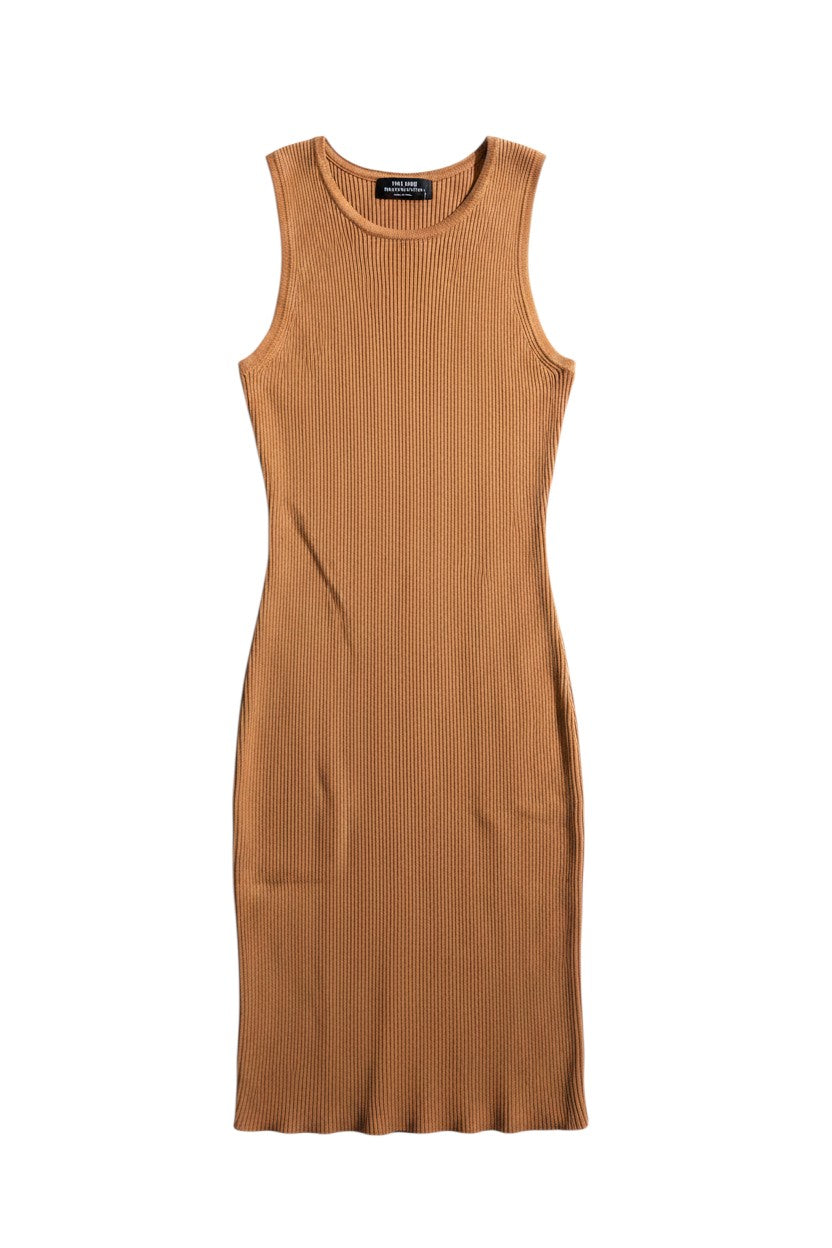 Yanet Collection Shop orange sleeveless midi bodycon dress with a ribbed texture and round neckline.