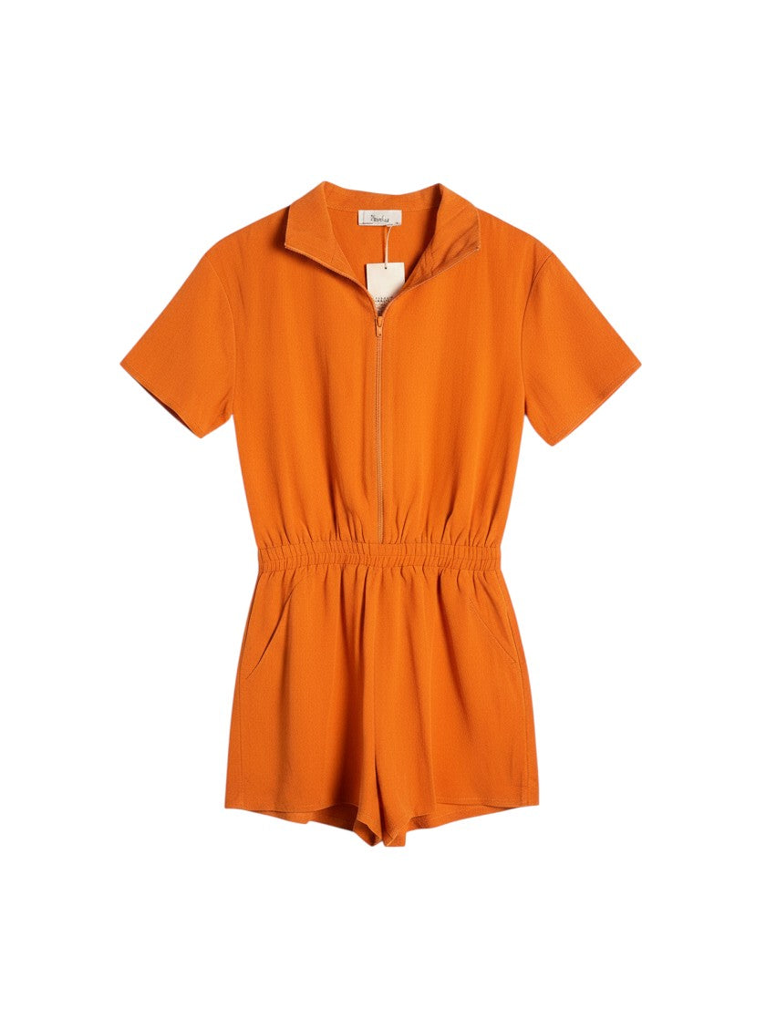 Yanet Collection Shop orange short-sleeve romper with a front zipper closure and elasticated waist.