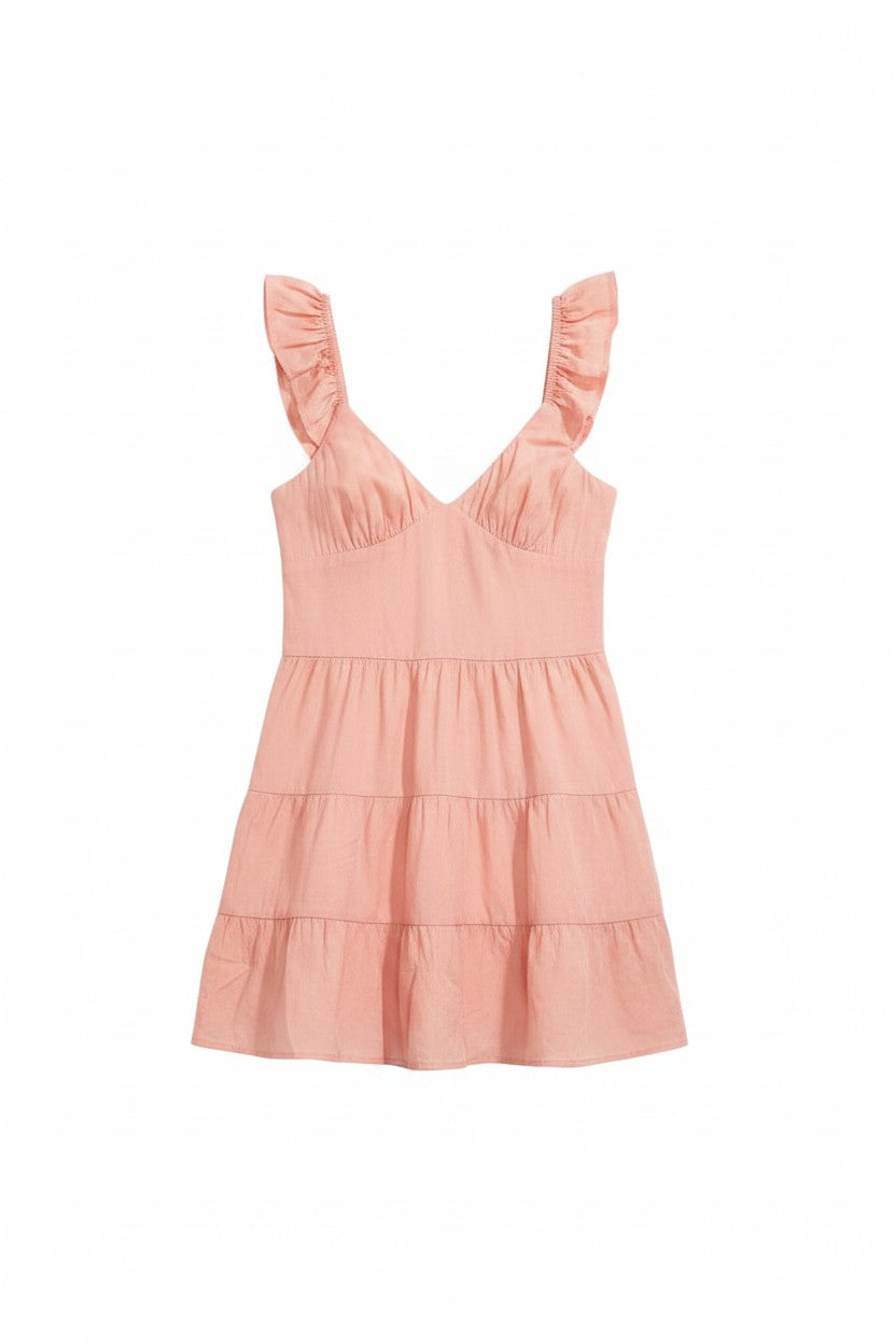 Yanet Collection Shop peach sleeveless mini dress with flutter sleeves and tiered crinkle texture