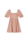 Yanet Collection Shop peach short dress with puff sleeves, ruched bodice, and crinkled texture fabric.