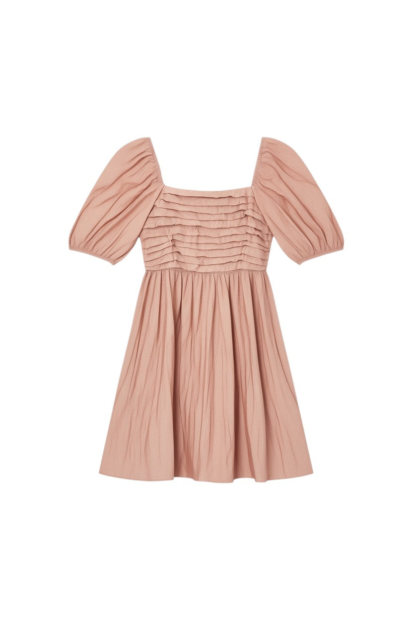 Yanet Collection Shop peach short dress with puff sleeves, ruched bodice, and crinkled texture fabric.