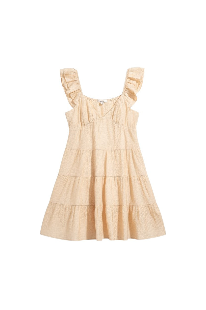 Yanet Collection Shop peach mini dress with flutter sleeves, v-neckline, and tiered ruffled skirt in textured fabric.