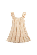 Yanet Collection Shop peach mini dress with flutter sleeves, v-neckline, and tiered ruffled skirt in textured fabric.