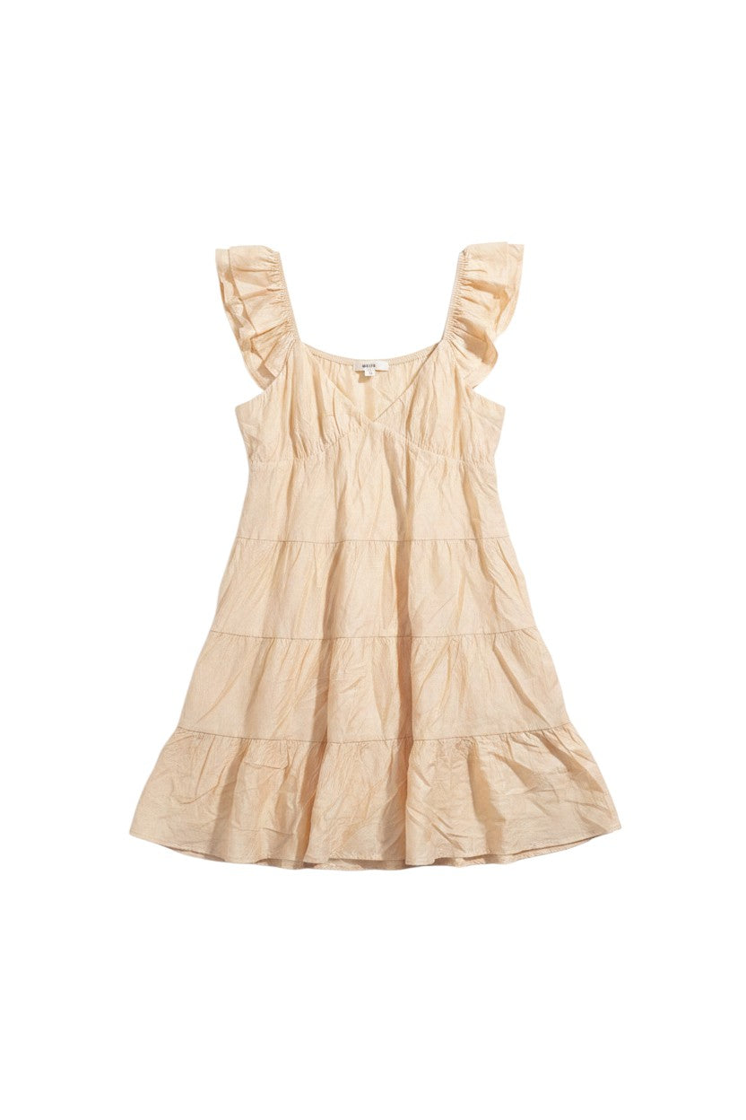 Yanet Collection Shop peach mini dress with flutter sleeves, v-neckline, and tiered ruffled skirt in textured fabric.