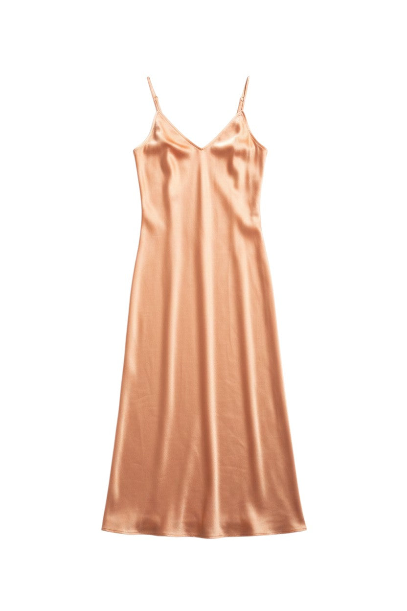 Yanet Collection Shop peach satin maxi dress with a V-neckline and delicate spaghetti straps in a flowing silhouette.