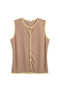 Yanet Collection Shop peach sleeveless button-up top with yellow contrast trim and a relaxed fit.