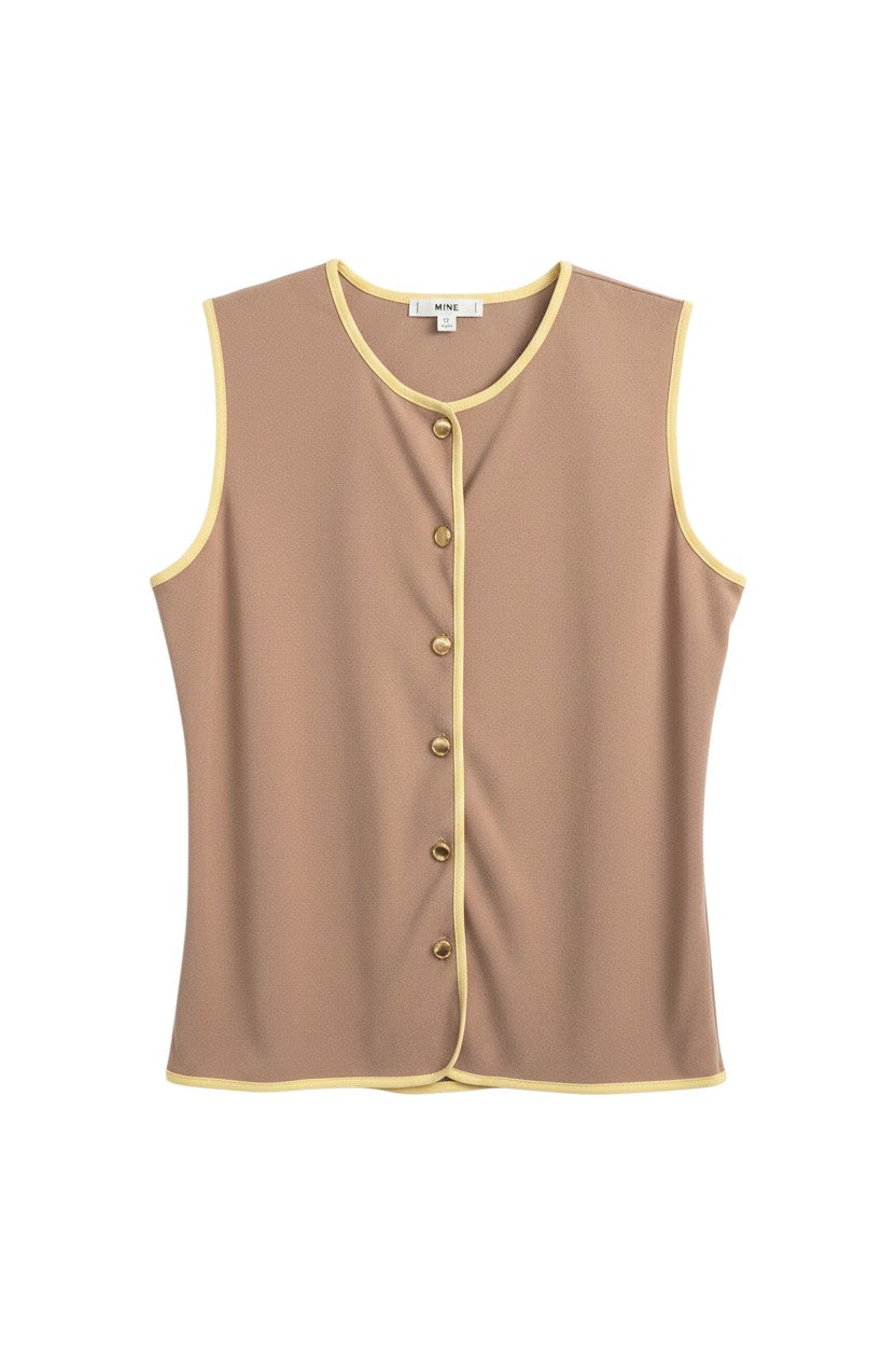 Yanet Collection Shop peach sleeveless button-up top with yellow contrast trim and a relaxed fit.