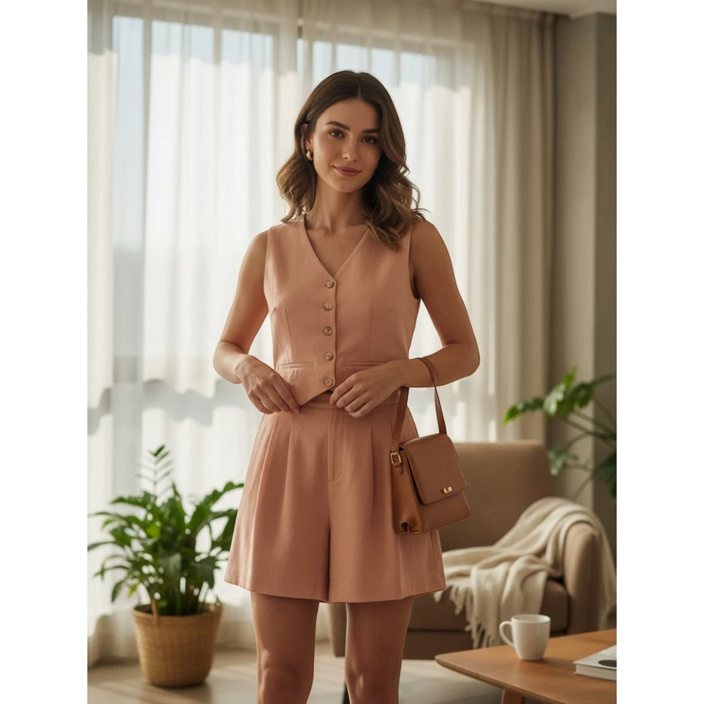 A woman wearing a peach-colored sleeveless button-down vest and matching shorts from Yanet Collection Shop.