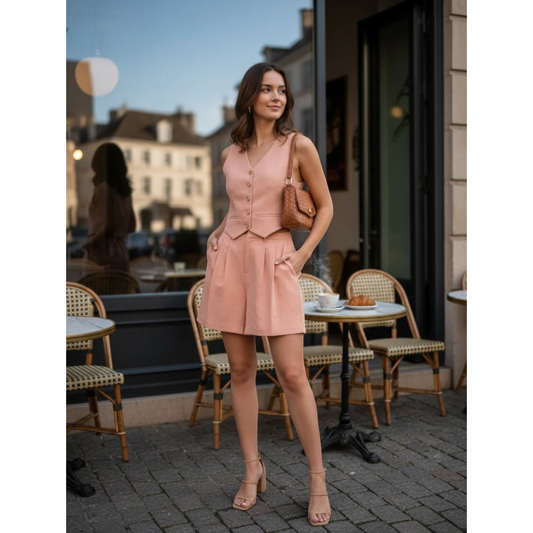 Yanet Collection Shop woman wearing a peach tailored vest and matching shorts with a brown woven handbag at a cafe