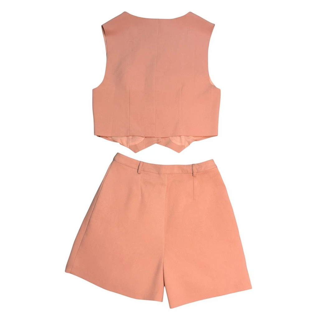 Yanet Collection Shop peach sleeveless tailored vest and matching high-waisted shorts set