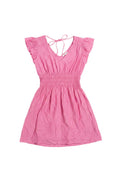 Yanet Collection Shop pink short dress with flutter sleeves, v-neckline, and smocked waist in lightweight fabric.