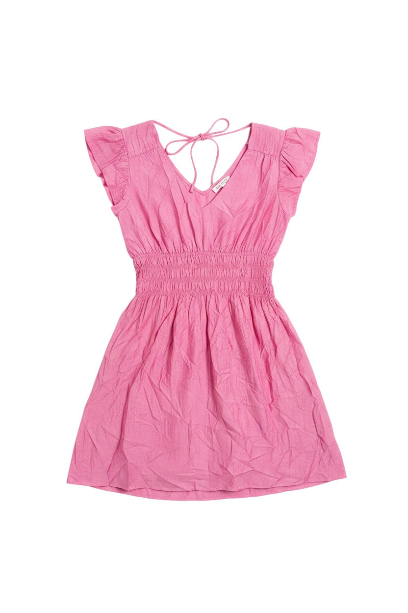 Yanet Collection Shop pink short dress with flutter sleeves, v-neckline, and smocked waist in lightweight fabric.