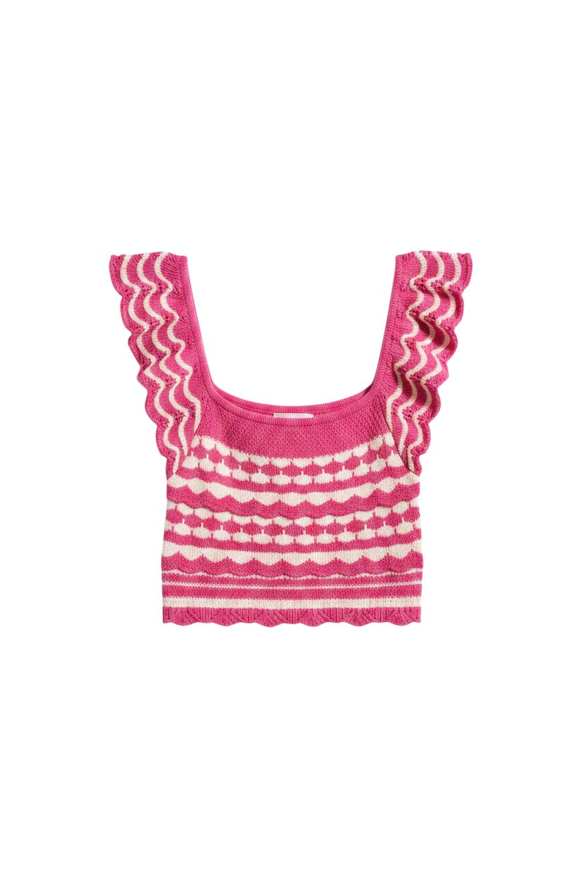 Yanet Collection Shop pink and white knit crop top with scoop neckline and playful ruffled sleeves